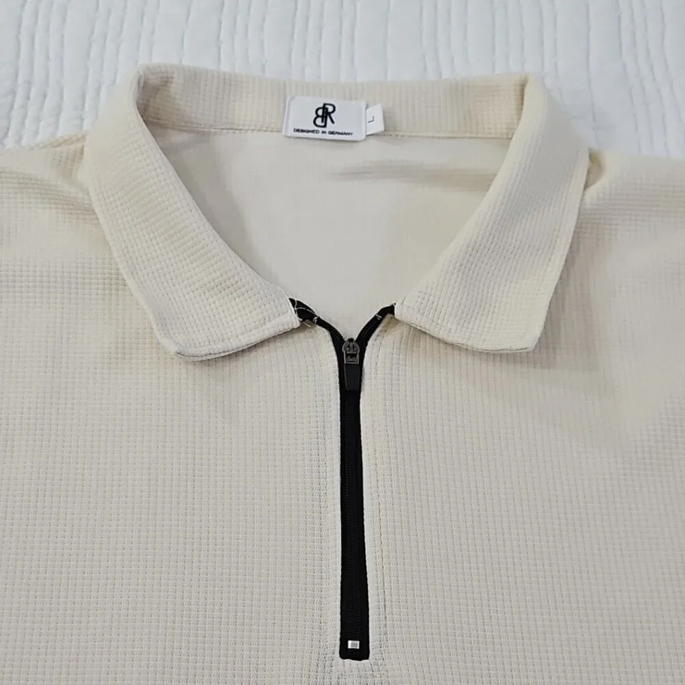 Banana Republic Waffle Knit Sweater Men's L Taupe 1/4‎ Zip Long Sleeve EUC LN